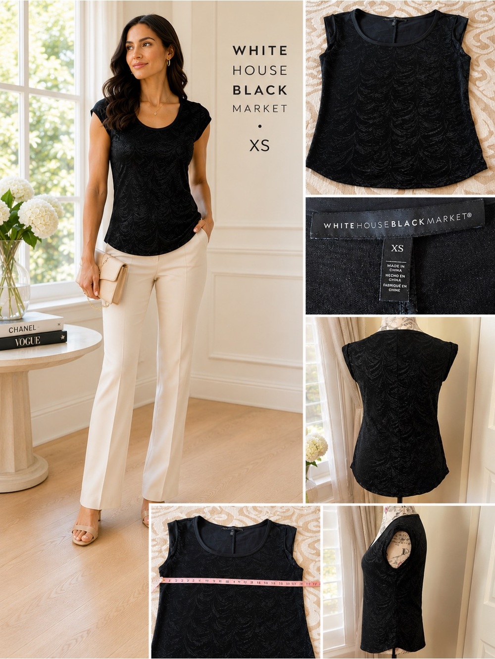 WHBM Black Shimmer Textured Cap Sleeve Top XS - Picture 2 of 8